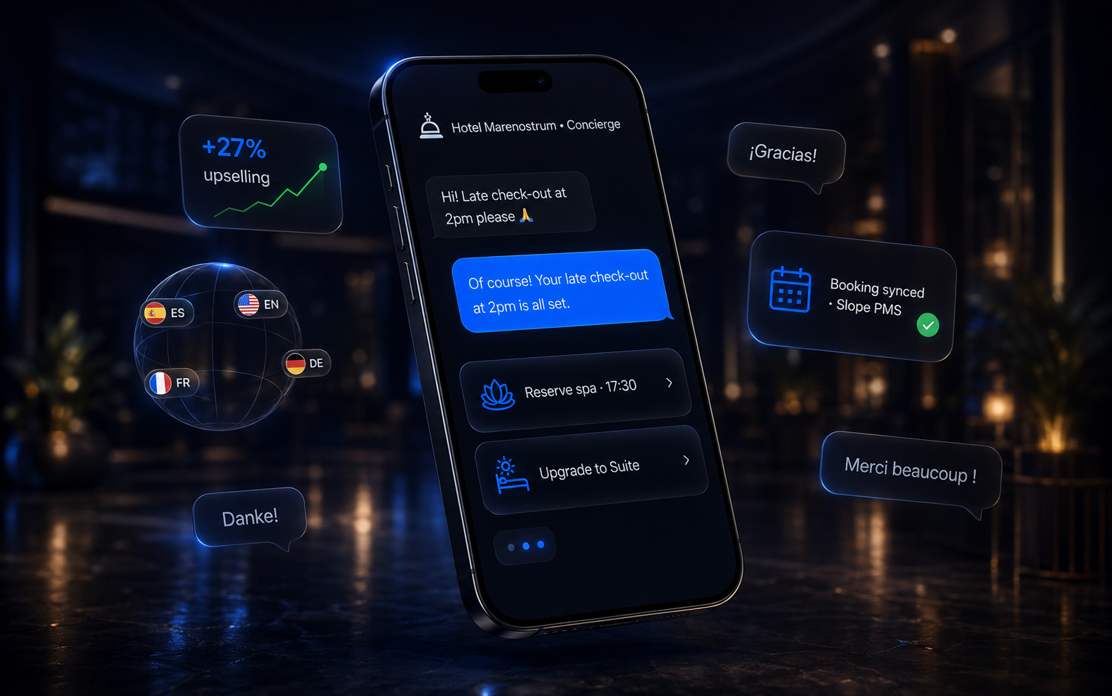 SmartFlux: agente IA connesso al PMS che assiste un ospite in più lingue