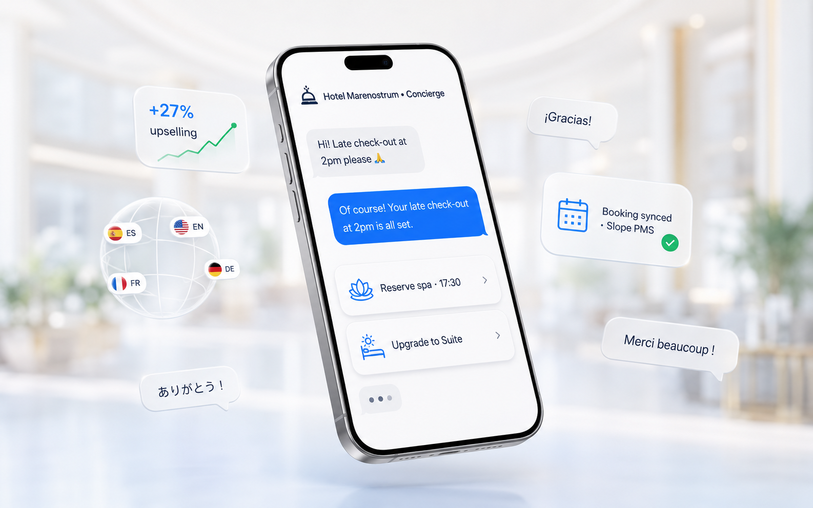 SmartFlux: agente IA connesso al PMS che assiste un ospite in più lingue